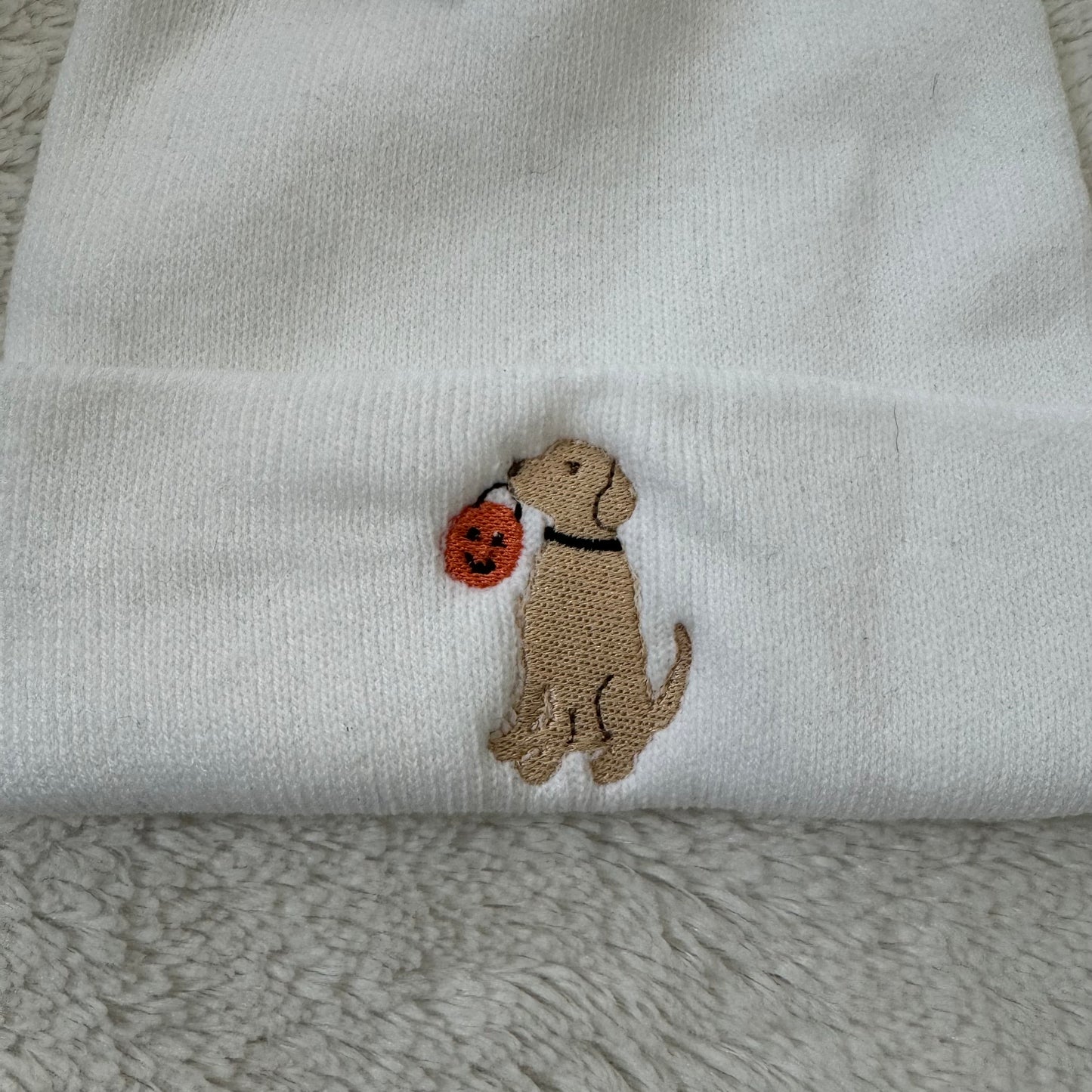 Yellow Lab With Pumpkin Ready To Ship Embroidered Beanie