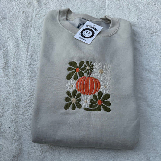 Flower Power Pumpkin Embroidered Crewneck Sweatshirt