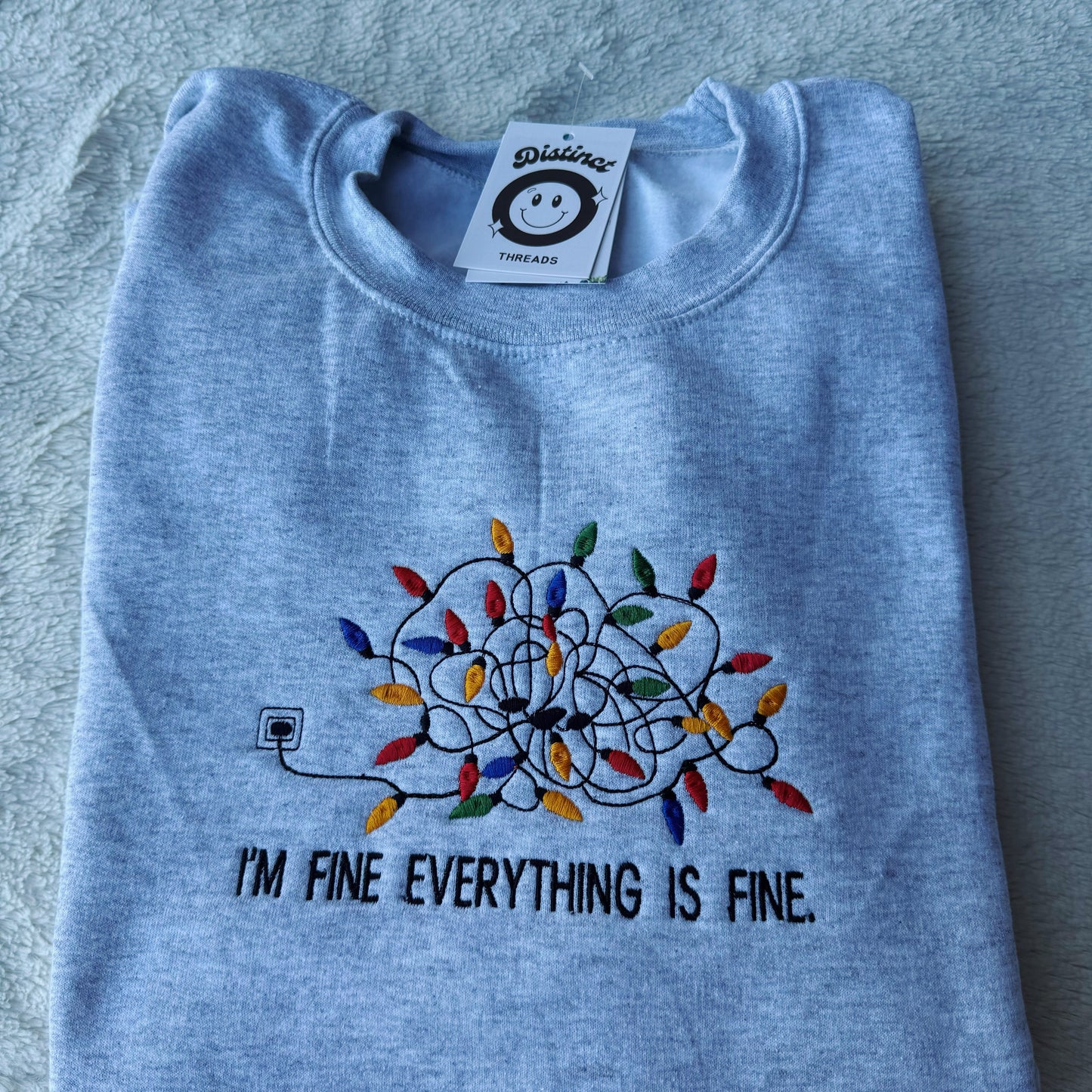 Everything Is Fine Tangled Lights Christmas Embroidered Crewneck Sweatshirt