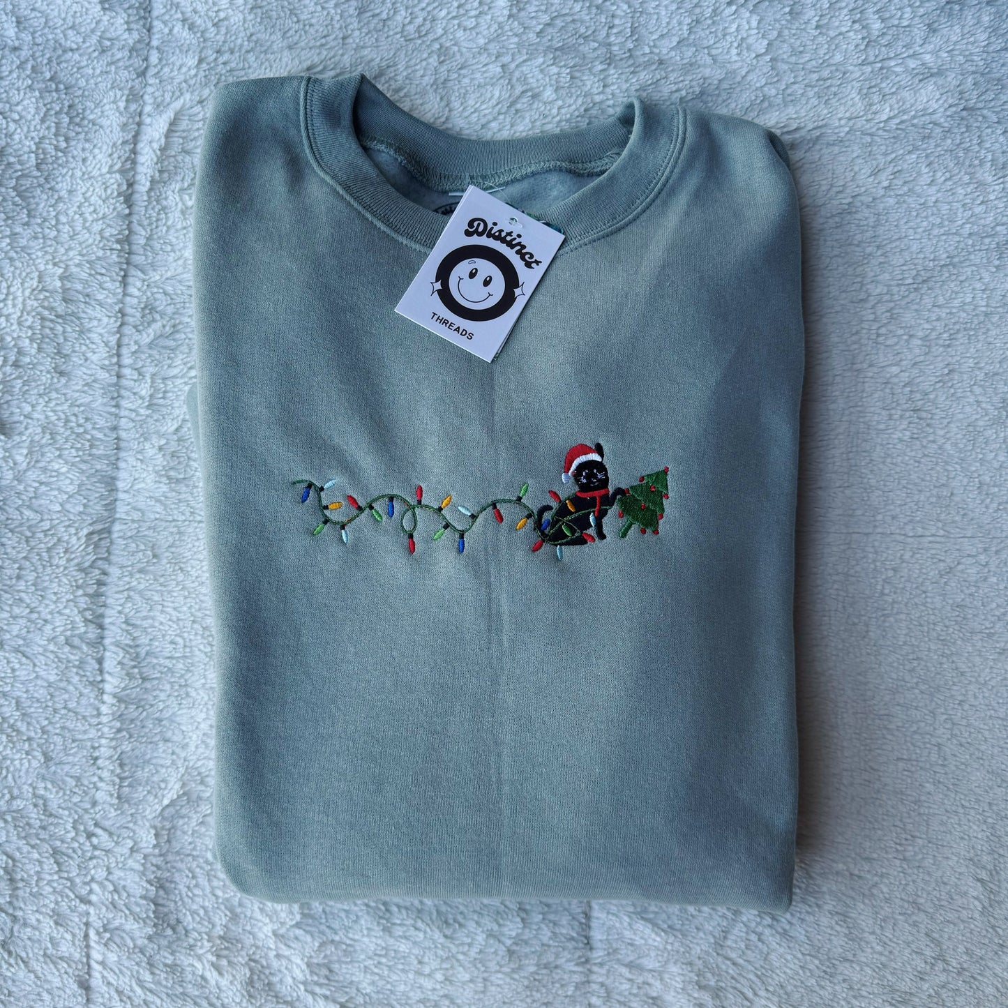 Cat W/ Christmas Tree Lights Christmas Embroidered Crewneck Sweatshirt