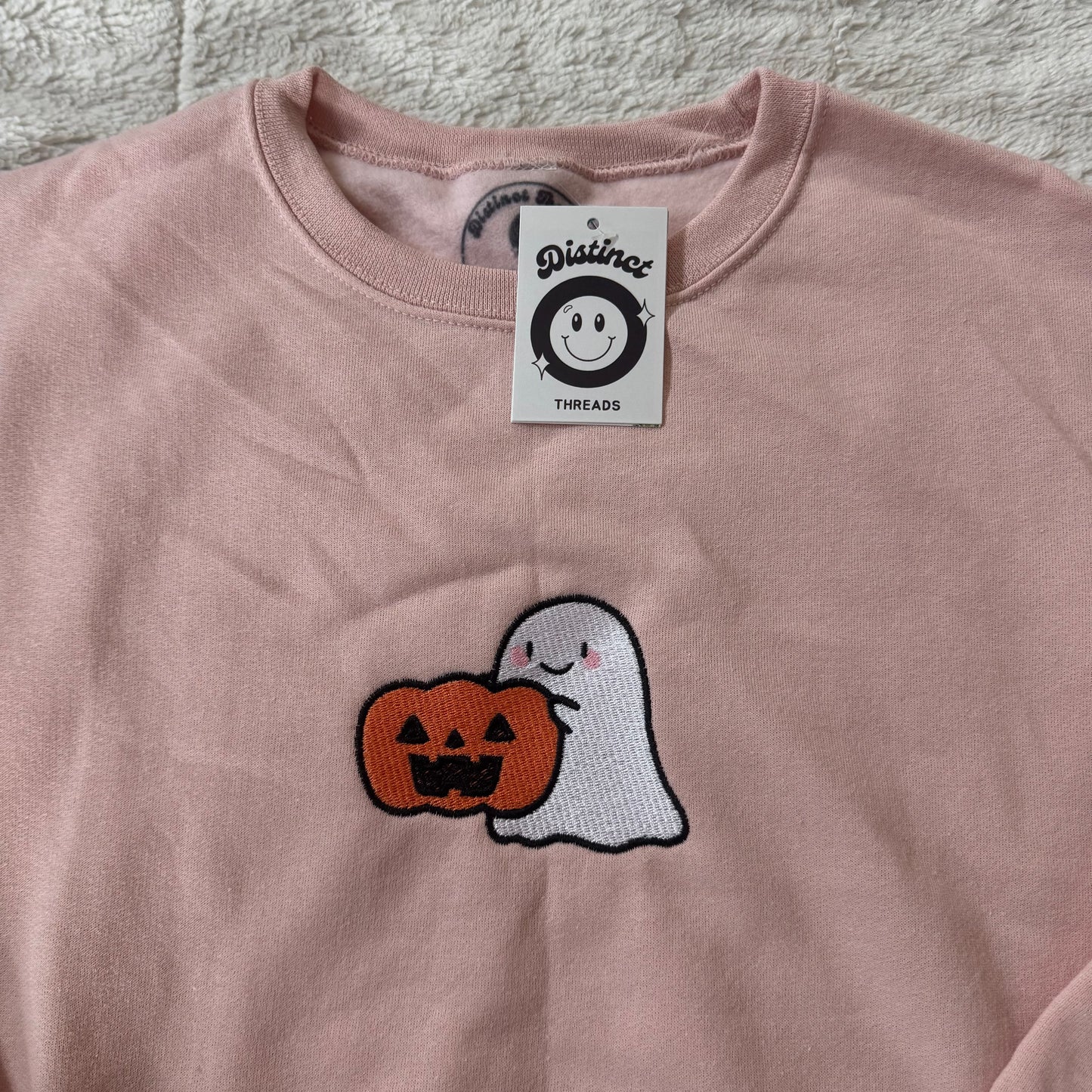 Ghost Holding Pumpkin Ready To Ship Embroidered Crew - Size Medium
