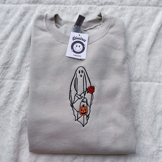 Ghost With Flowers Embroidered Crewneck Sweatshirt