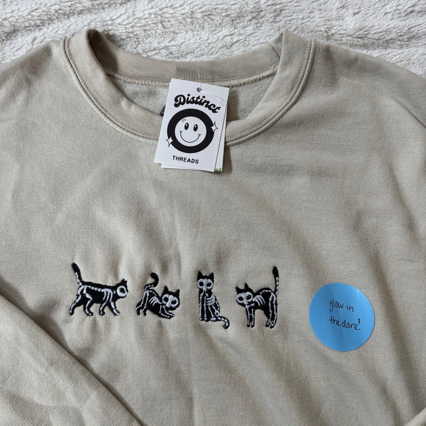 Glow In The Dark Skeleton Cats Ready To Ship Embroidered Crew - Size Large