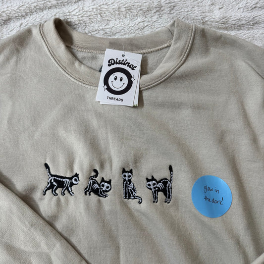Glow In The Dark Skeleton Cats Ready To Ship Embroidered Crew - Size Large