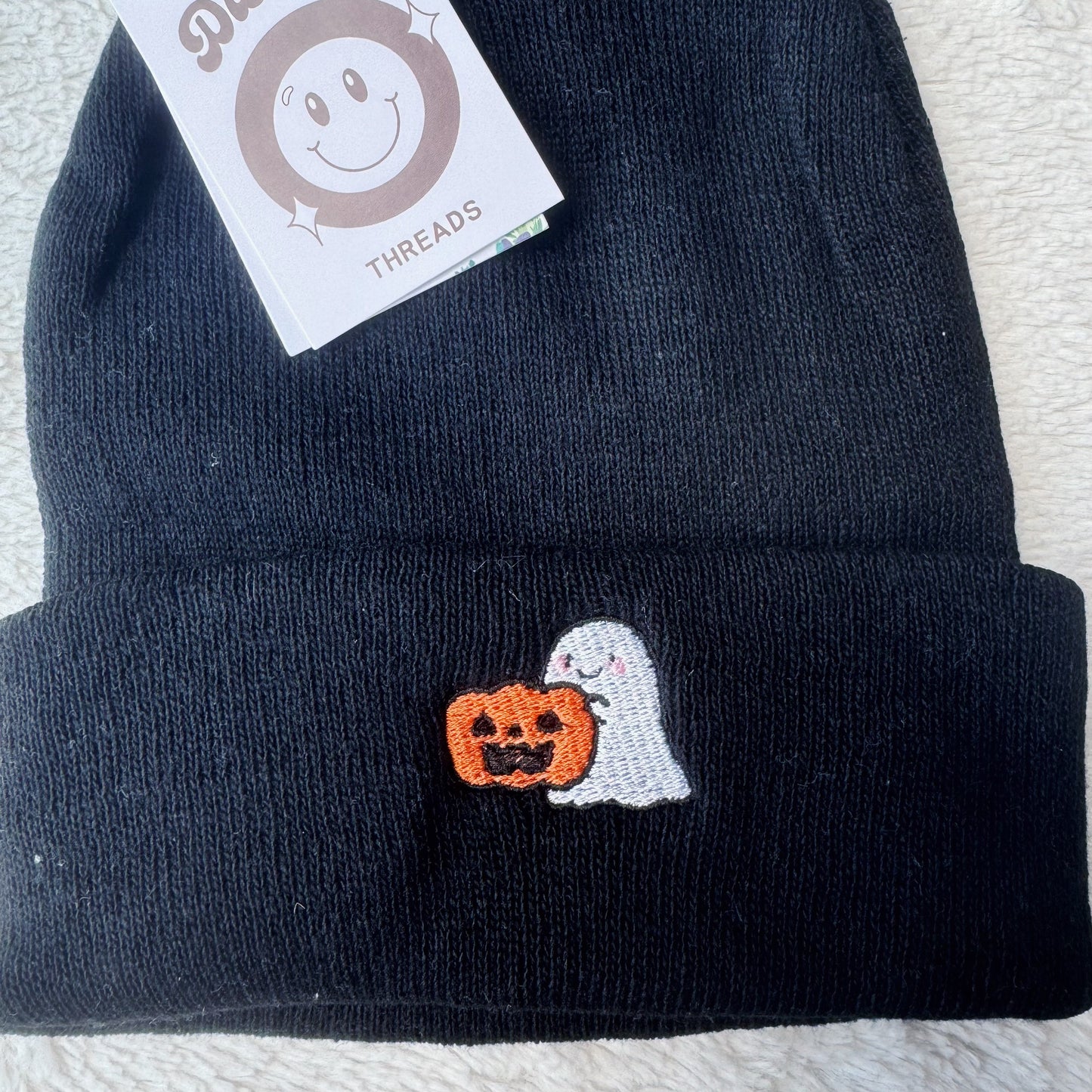 Ghost Holding Pumpkin Embroidered Beanie