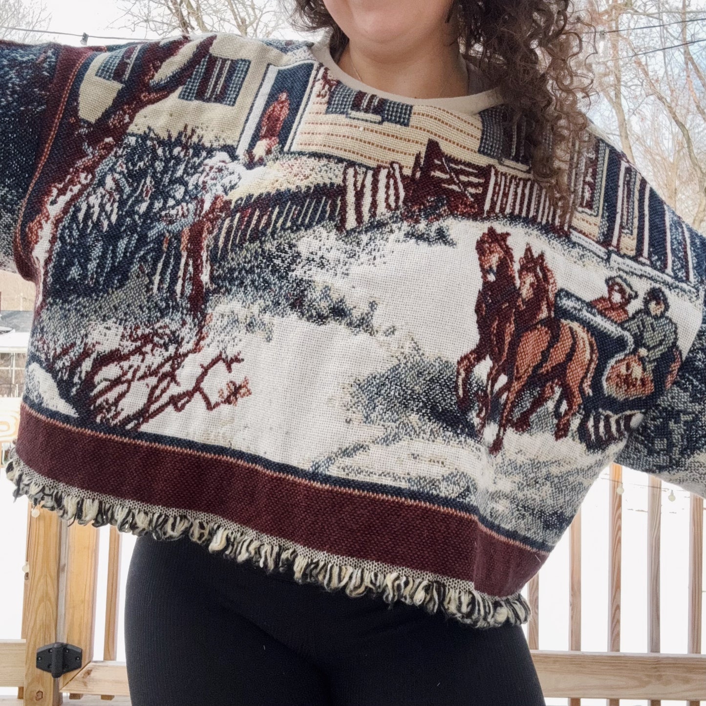 Horse & Carriage Tapestry Blanket Cropped Crew - Size XS-2XL