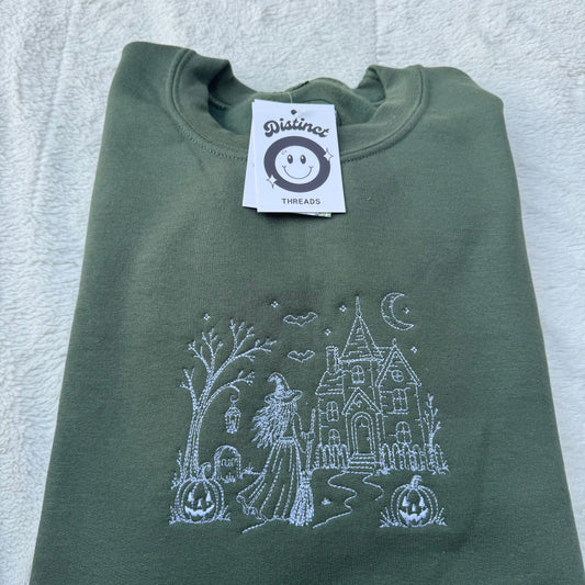 Witchy Haunted House Embroidered Crewneck Sweatshirt