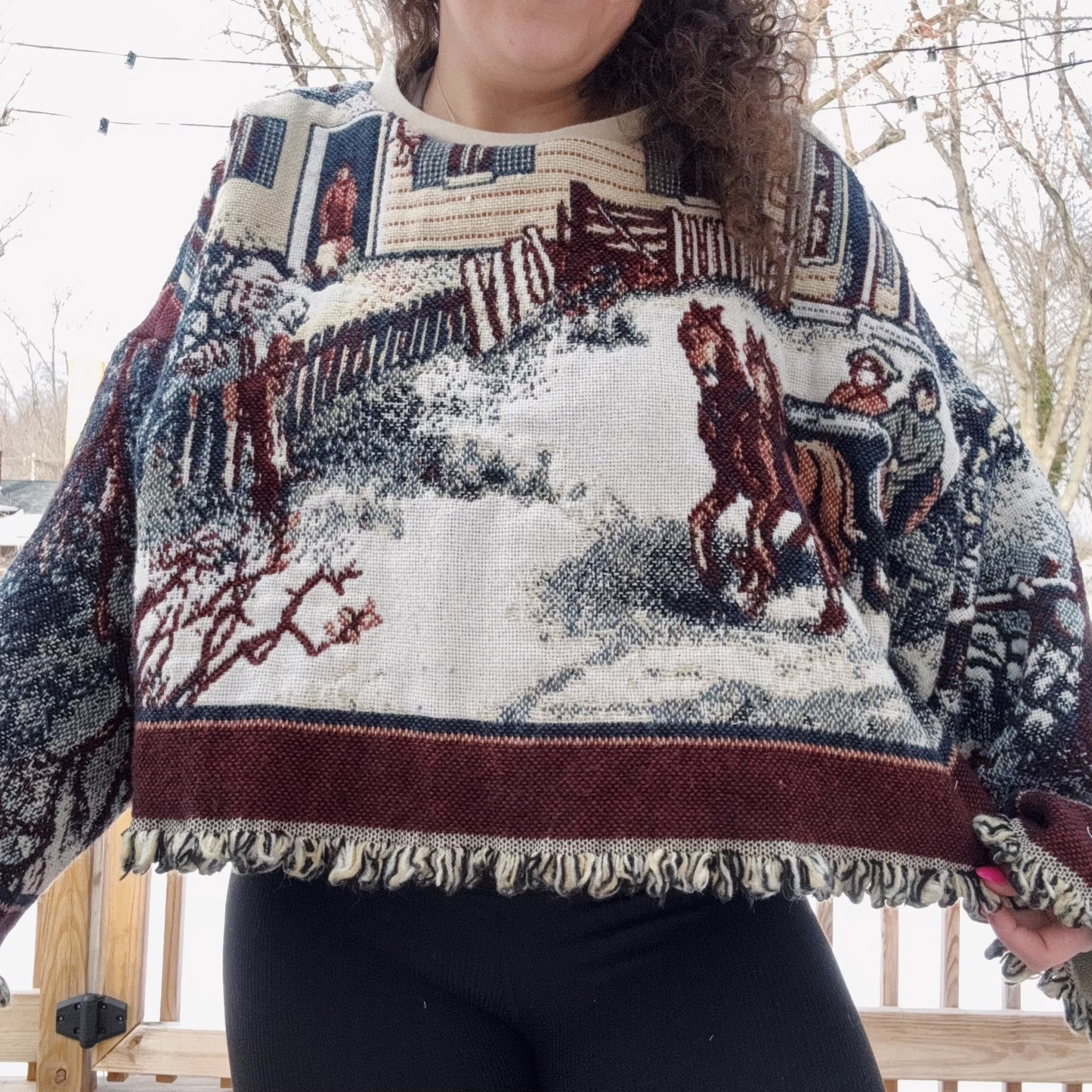Horse & Carriage Tapestry Blanket Cropped Crew - Size XS-2XL