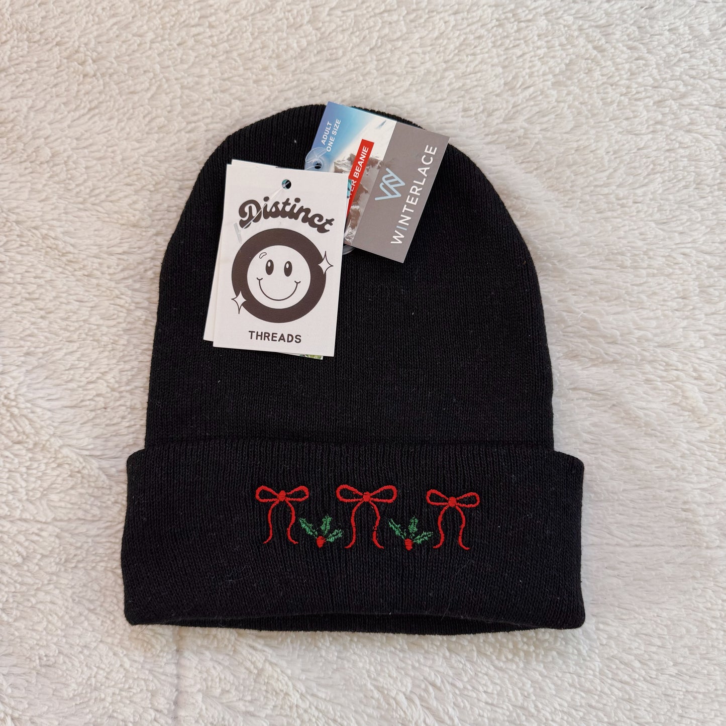 Holly & Bows Ready To Ship Embroidered Beanie