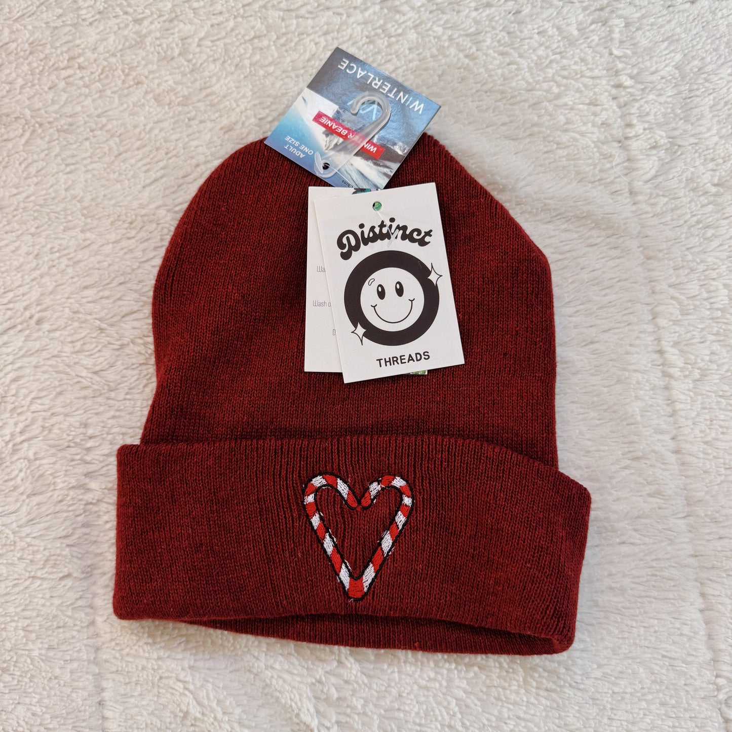 Candy Cane Heart Ready To Ship Embroidered Beanie