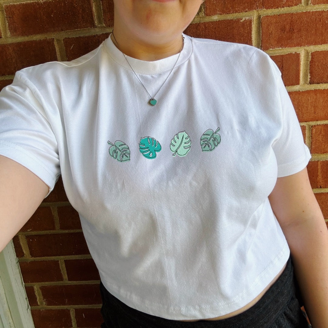 Monstera Leaves Embroidered Cropped Tee