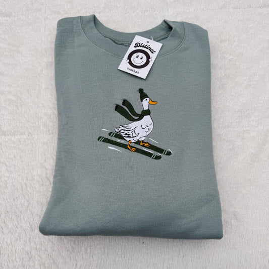 Skiing Duck Christmas Embroidered Crewneck Sweatshirt