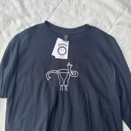Middle Finger Uterus Ready To Ship Embroidered Long Sleeve Tee - Size Medium
