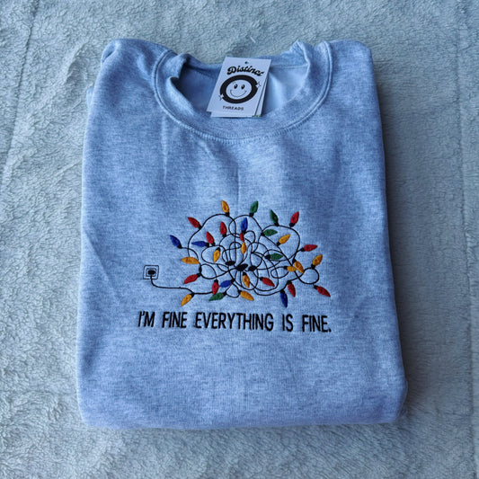 Everything Is Fine Tangled Lights Christmas Embroidered Crewneck Sweatshirt