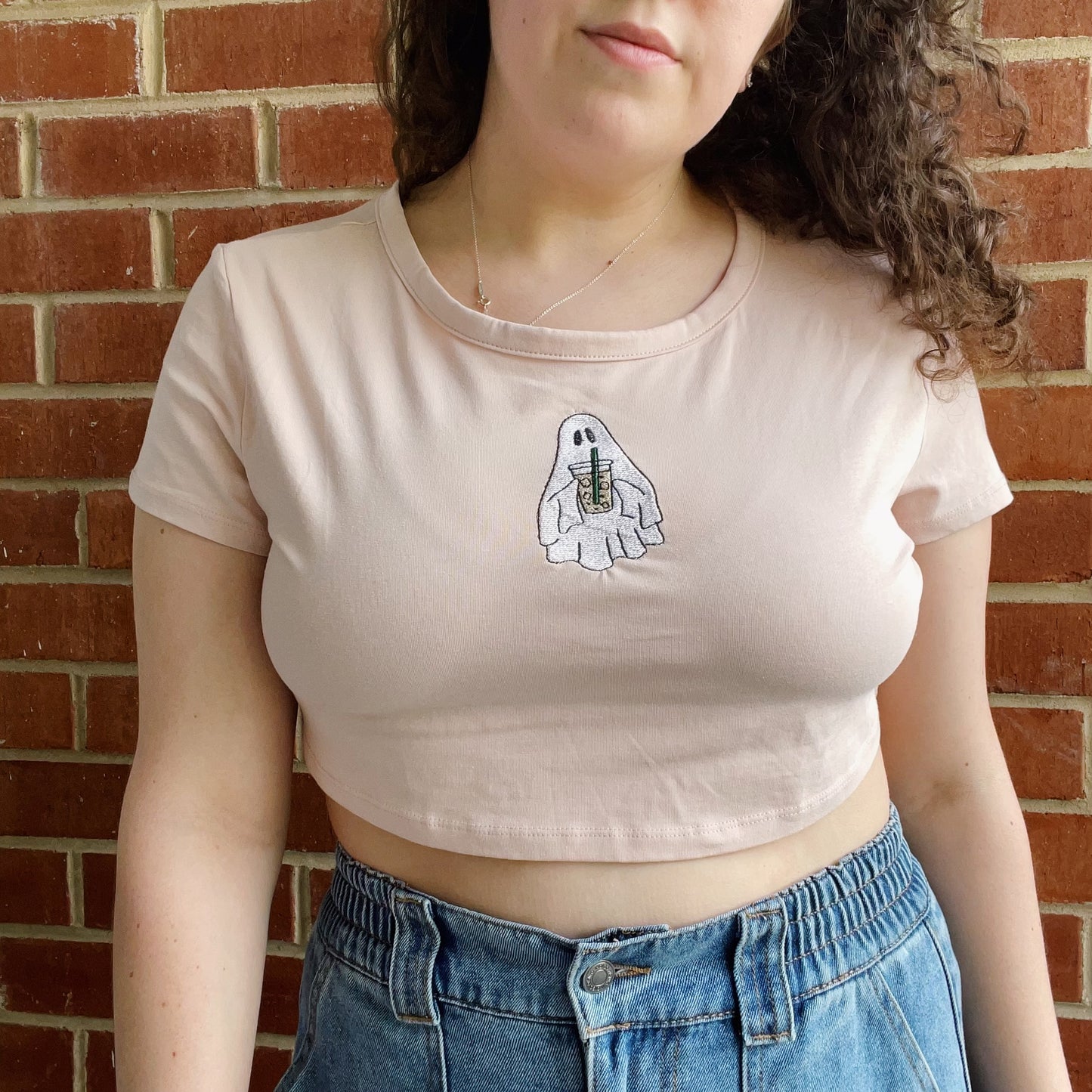 Iced Coffee Ghost H&M Embroidered Cropped Tee - Size XL