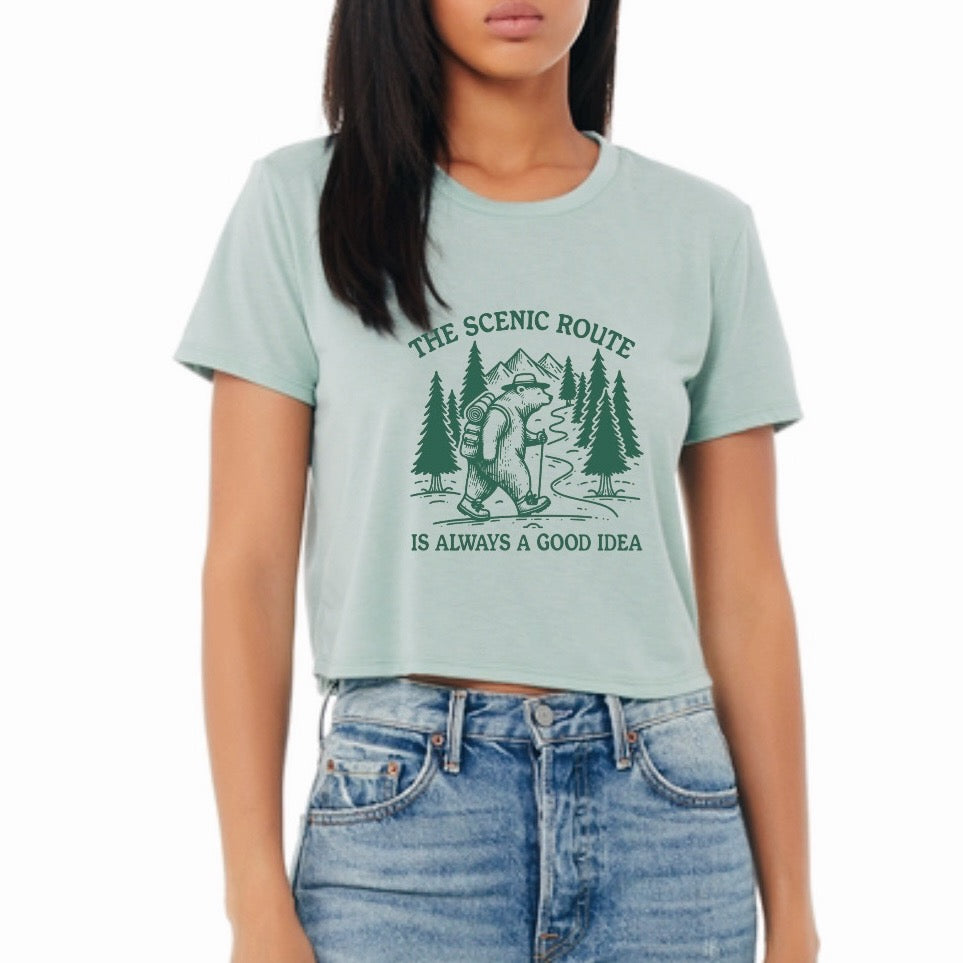 The Scenic Route Is Always A Good Idea Bear Printed Cropped Tee