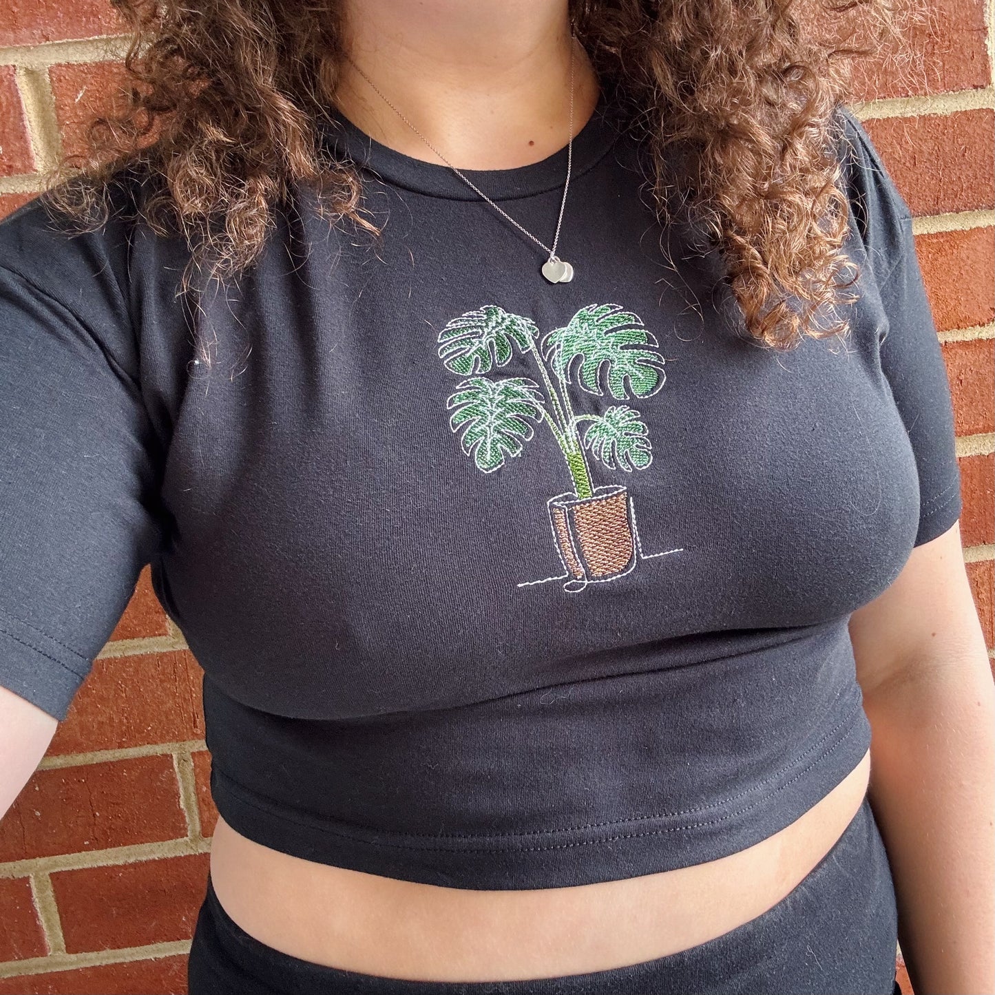 Monstera Plant Embroidered Cropped Tee