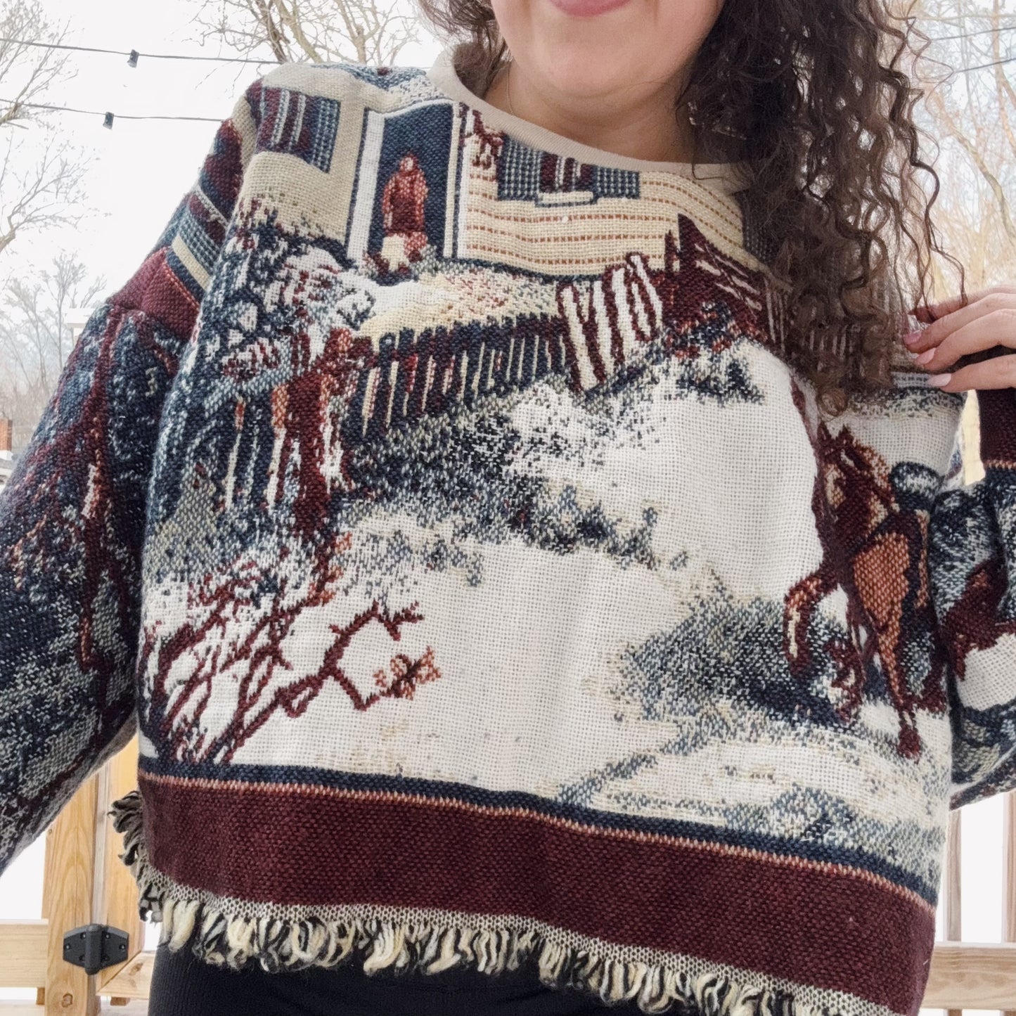 Horse & Carriage Tapestry Blanket Cropped Crew - Size XS-2XL