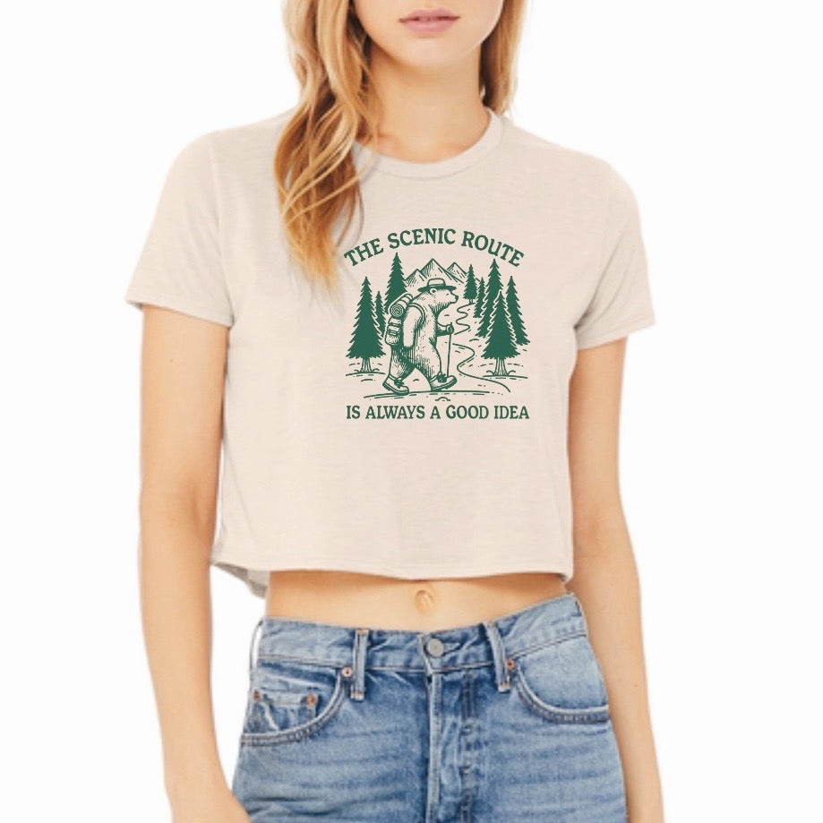 The Scenic Route Is Always A Good Idea Bear Printed Cropped Tee