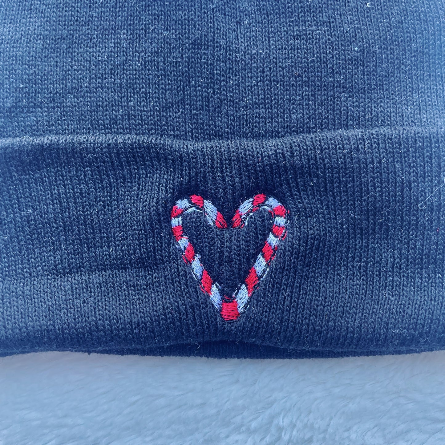 Candy Cane Heart Christmas Embroidered Beanie