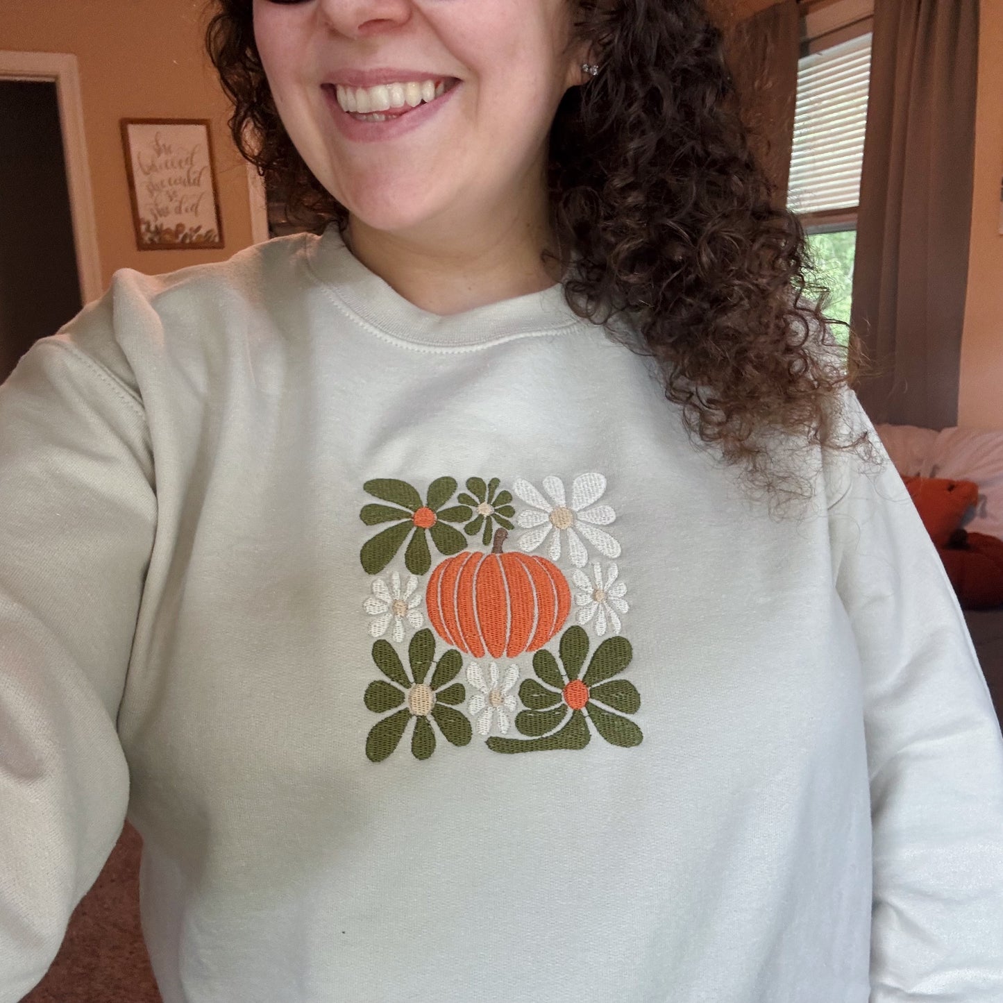 Flower Power Pumpkin Embroidered Crewneck Sweatshirt