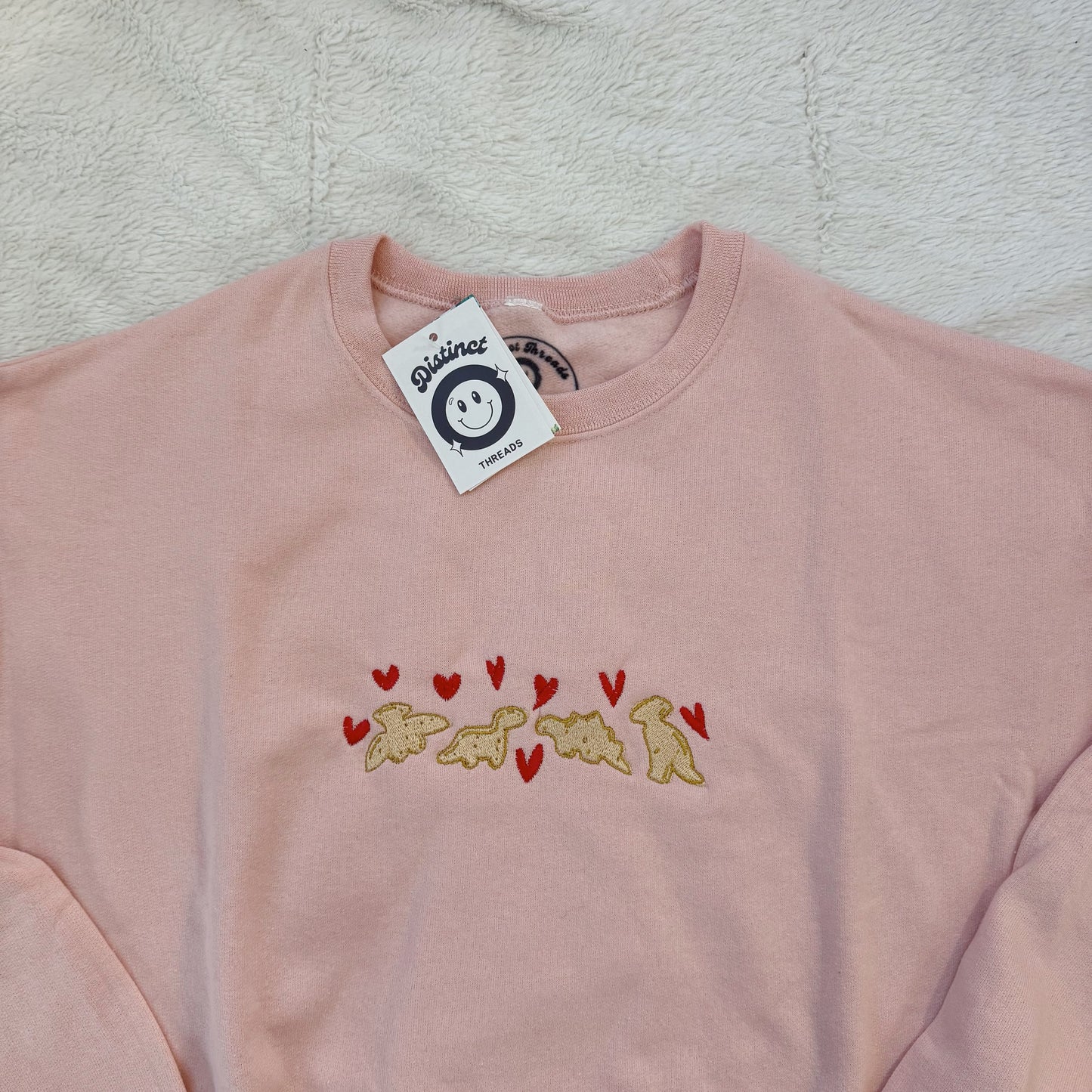 Dino Chicken Nuggets & Hearts Ready To Ship Embroidered Crew - Size Medium
