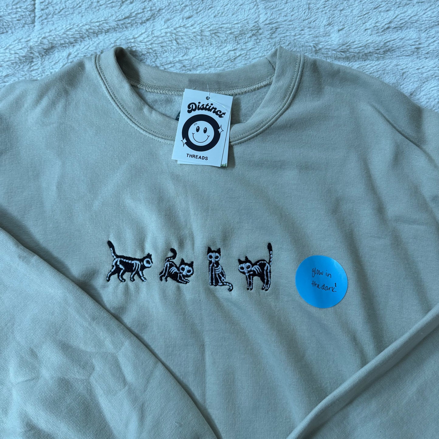 Glow In The Dark Skeleton Cats Ready To Ship Embroidered Crew - Size Large