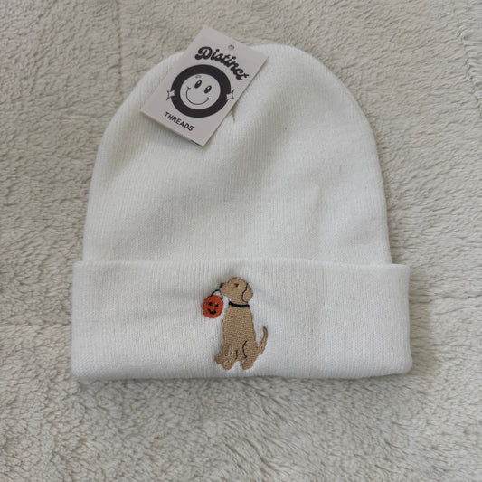 Yellow Lab With Pumpkin Ready To Ship Embroidered Beanie