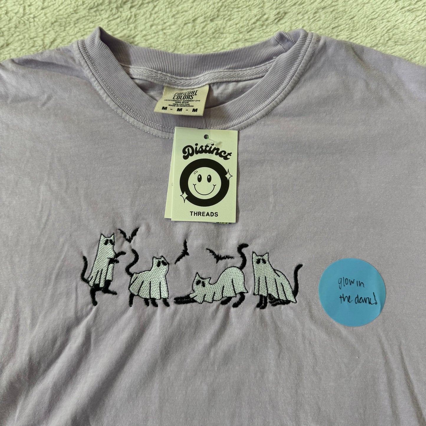Glow In The Dark Ghost Cats Ready To Ship Embroidered Comfort Colors Tee - Size Medium
