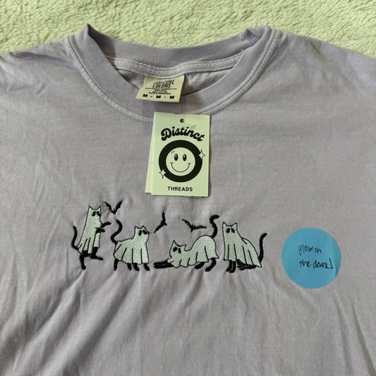 Glow In The Dark Ghost Cats Ready To Ship Embroidered Comfort Colors Tee - Size Medium