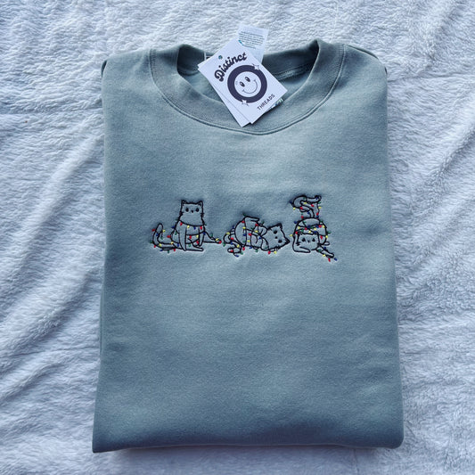 Cats & Christmas Lights Embroidered Crewneck Sweatshirt