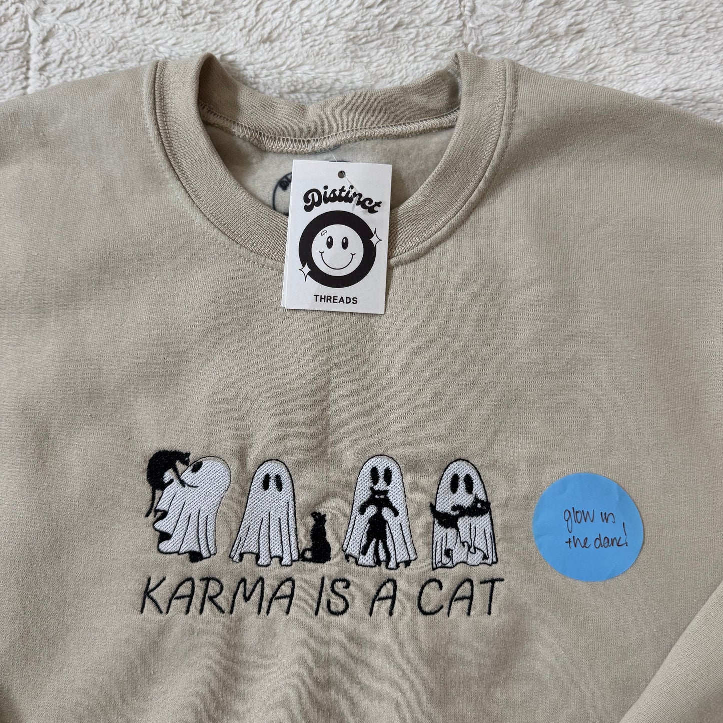 Karma Is A Cat Glow In The Dark Ready To Ship Embroidered Crew - Size Small