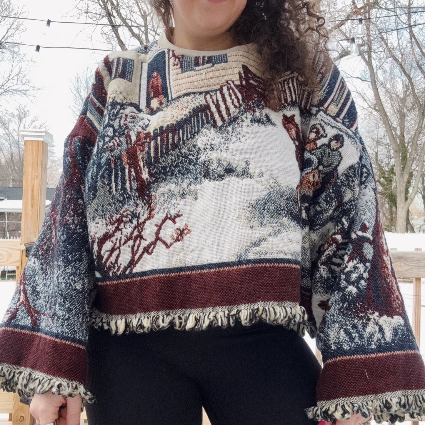 Horse & Carriage Tapestry Blanket Cropped Crew - Size XS-2XL