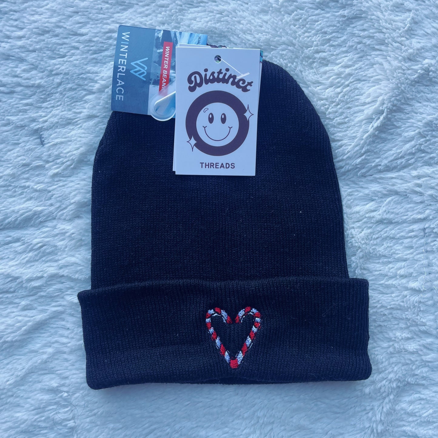 Candy Cane Heart Christmas Embroidered Beanie