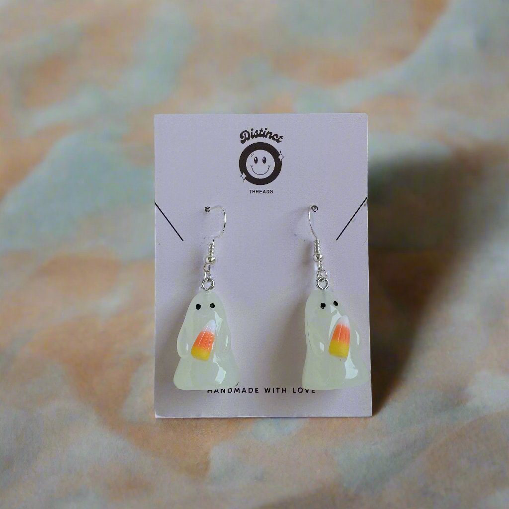 Glow In The Dark Ghost Holding Candy Corn Dangly Earrings