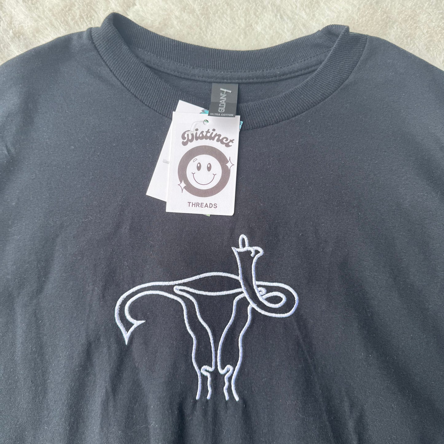 Middle Finger Uterus Ready To Ship Embroidered Long Sleeve Tee - Size Medium