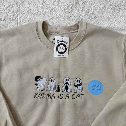 Karma Is A Cat Glow In The Dark Ready To Ship Embroidered Crew - Size Small