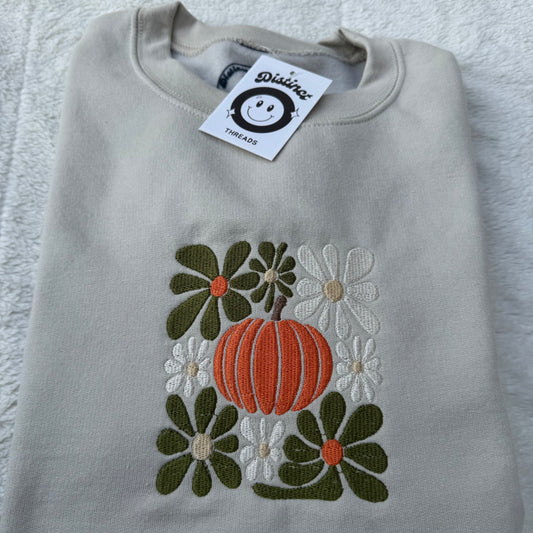 Flower Power Pumpkin Embroidered Crewneck Sweatshirt