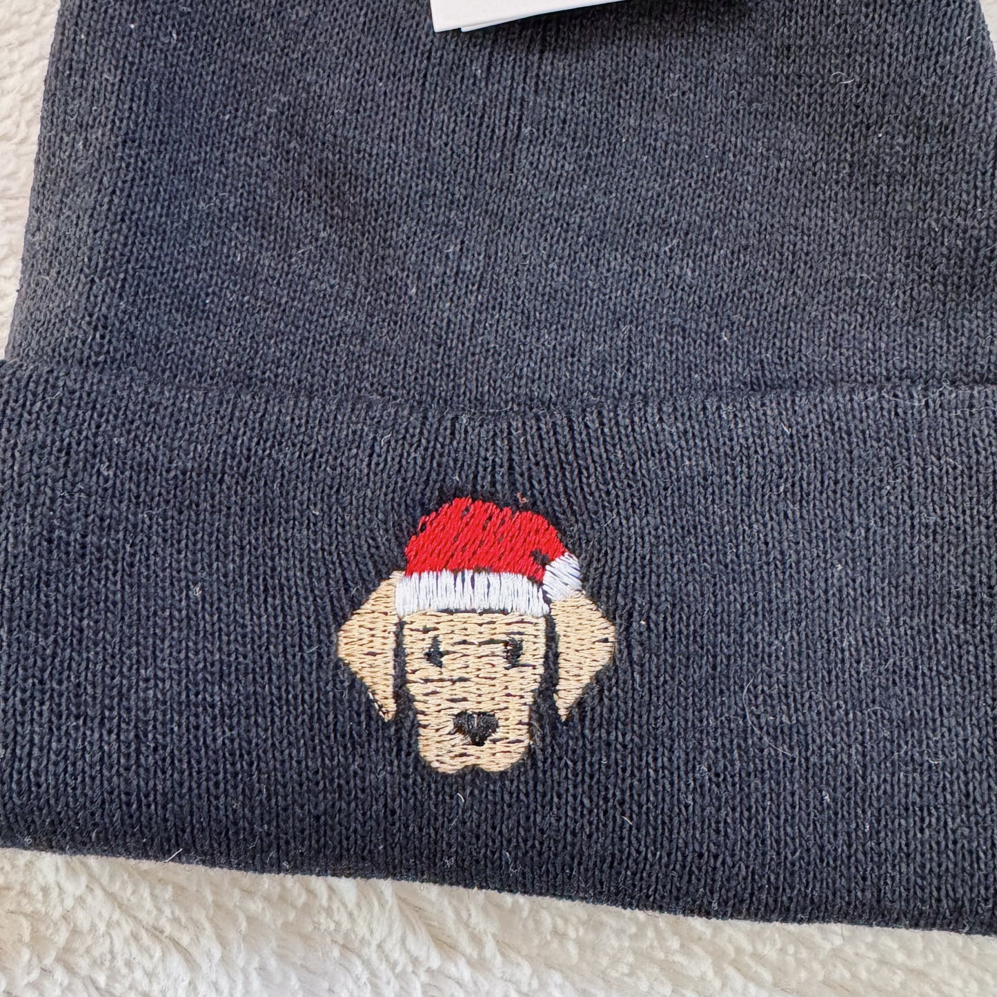 Dog W/ Santa Hat Ready To Ship Embroidered Beanie