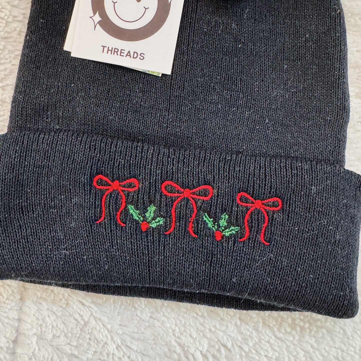 Holly & Bows Ready To Ship Embroidered Beanie