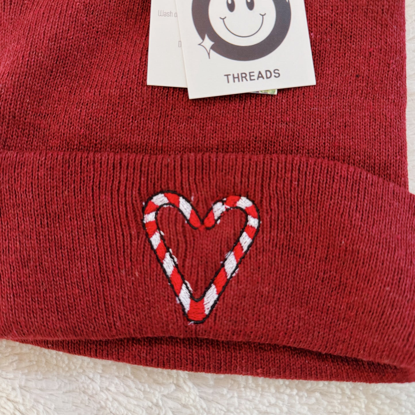 Candy Cane Heart Ready To Ship Embroidered Beanie