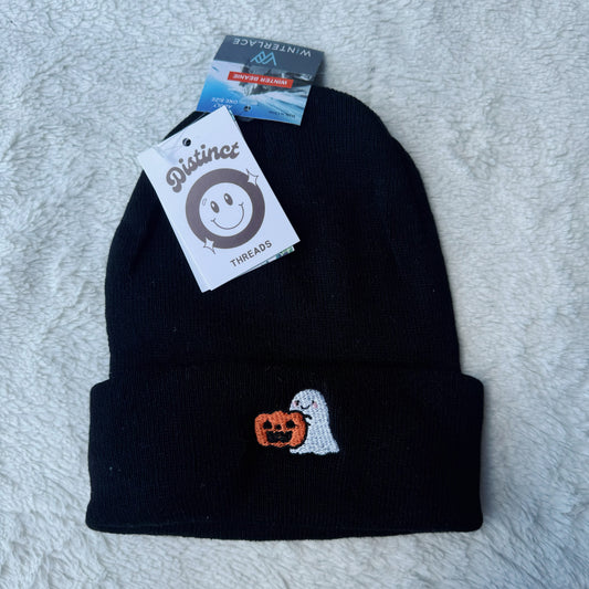 Ghost Holding Pumpkin Embroidered Beanie