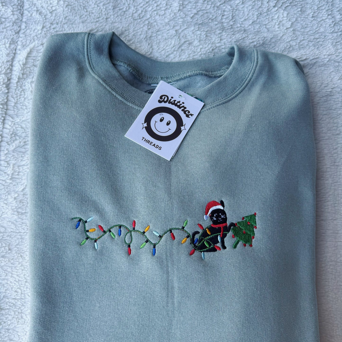 Cat W/ Christmas Tree Lights Christmas Embroidered Crewneck Sweatshirt