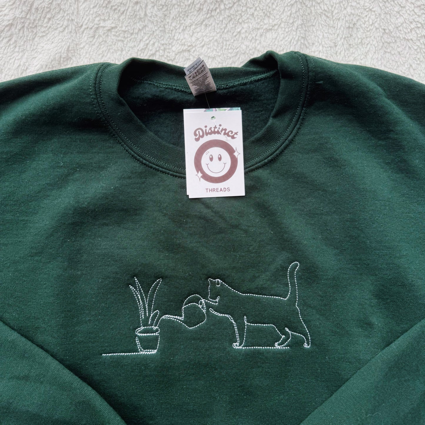 Minimalist Plant & Cat Embroidered Crewneck Sweatshirt