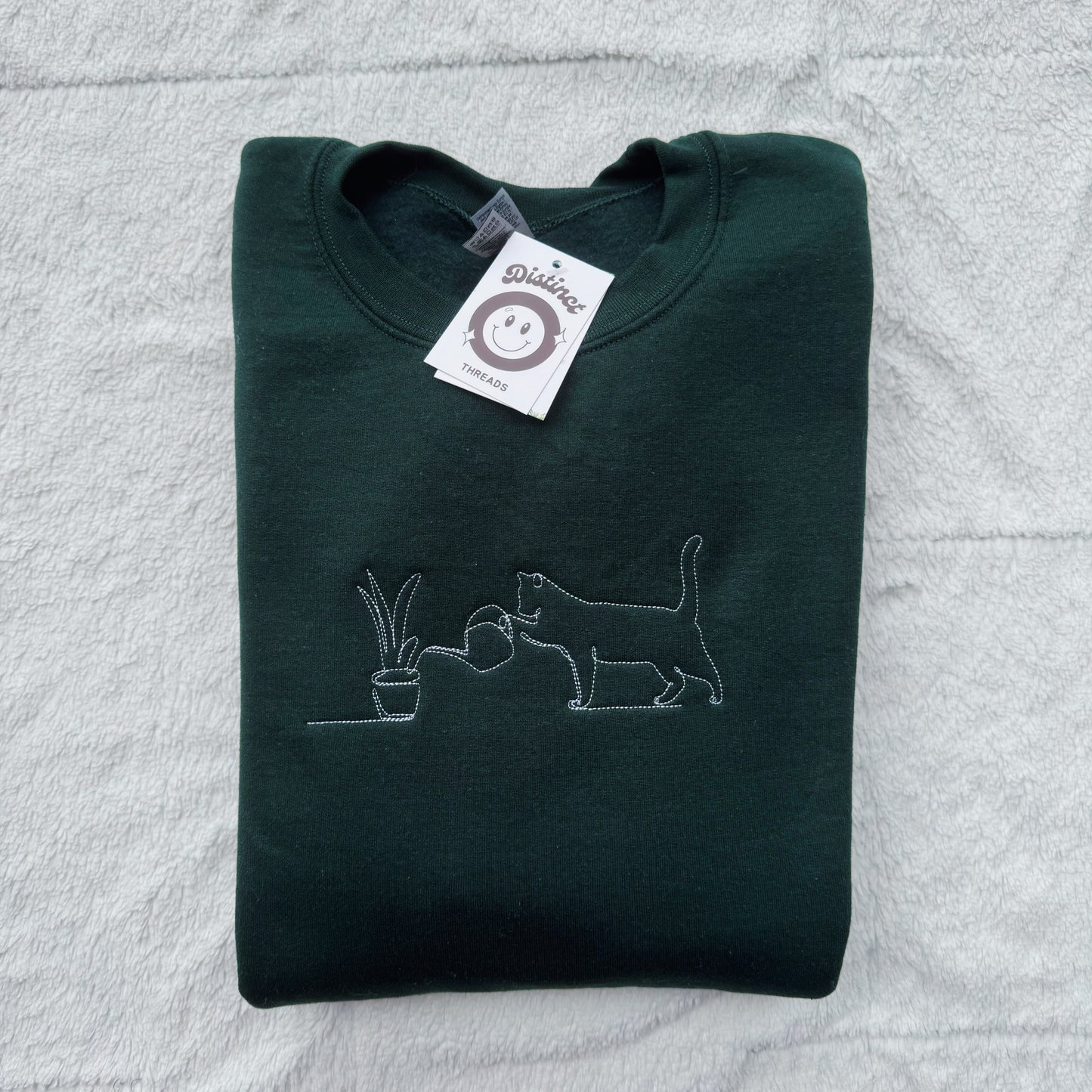 Minimalist Plant & Cat Embroidered Crewneck Sweatshirt