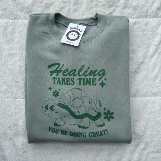 Healing Takes Time Turtle Printed Crew