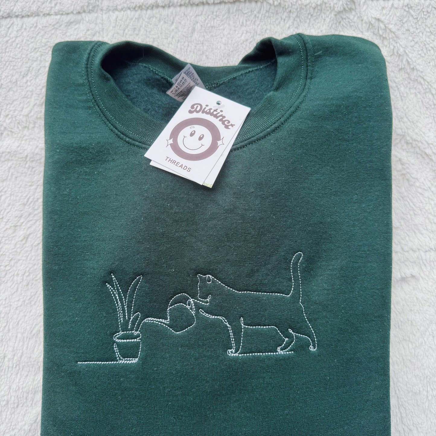 Minimalist Plant & Cat Embroidered Crewneck Sweatshirt