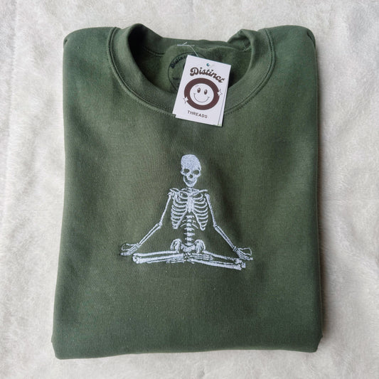 Meditating Skeleton Embroidered Crewneck Sweatshirt