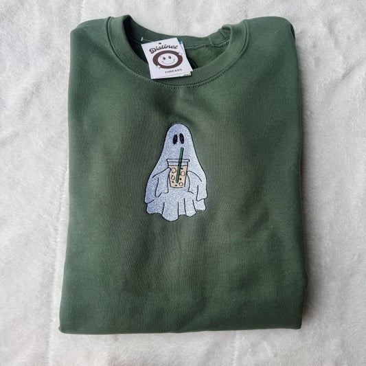 Iced Coffee Ghost Embroidered Crewneck Sweatshirt