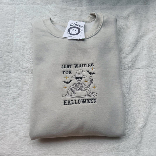 Just Waiting For Halloween Embroidered Crewneck Sweatshirt